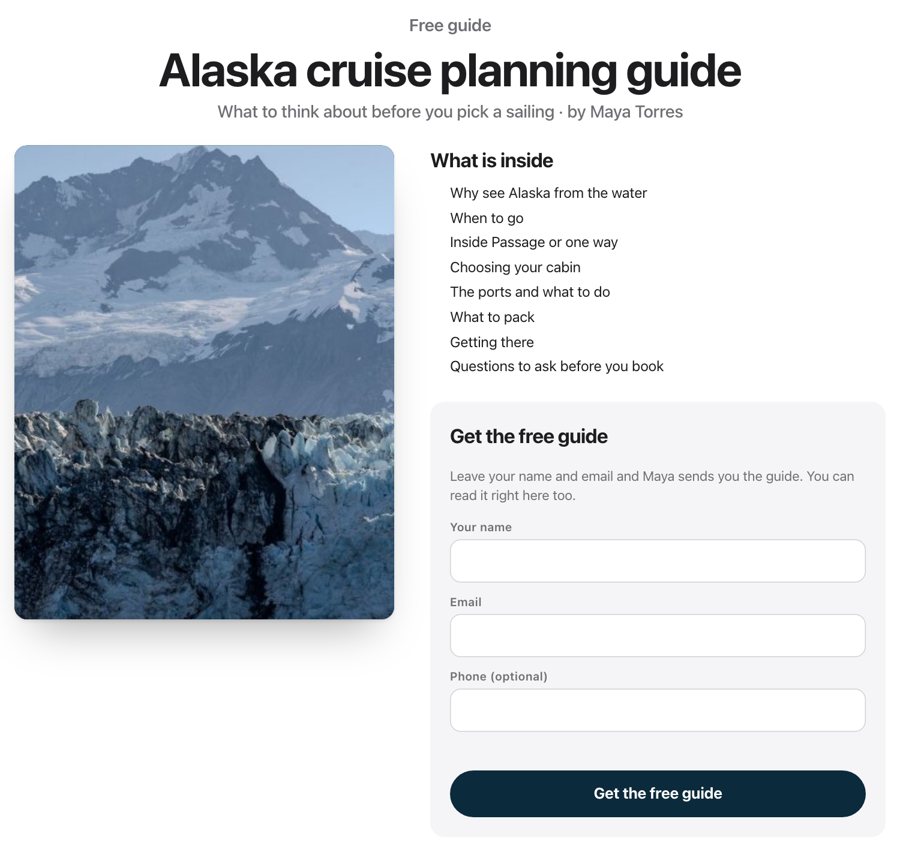 Sample: the sign-up page for the free guide Alaska cruise planning guide