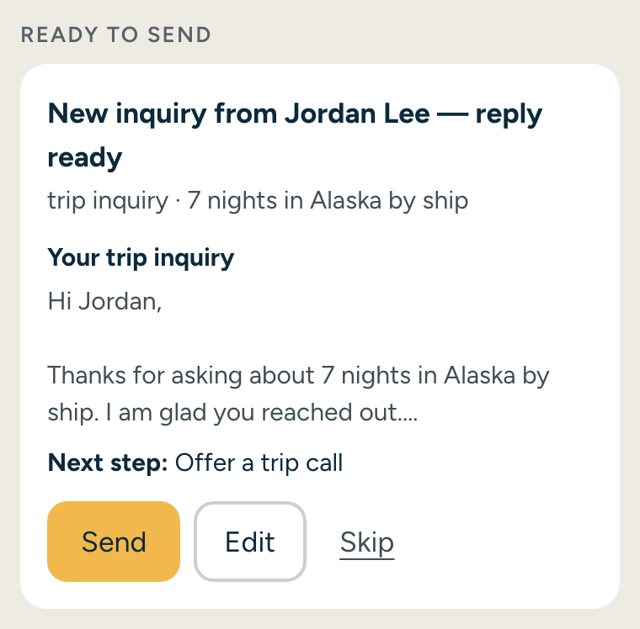 Sample: a reply ready on Home for a question about an Alaska cruise