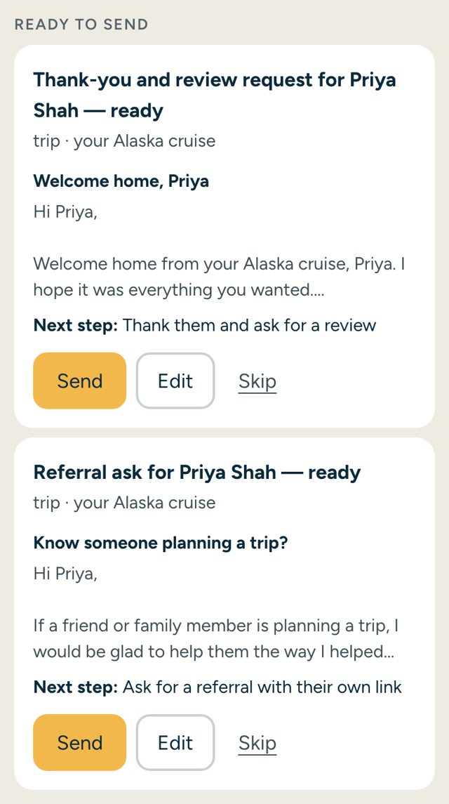 Sample: a thank-you with a review request, and a referral ask, ready on Home