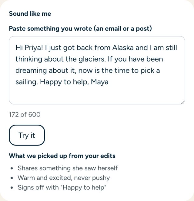 Sample: Sound like me, with something the owner wrote and what the app picked up from their edits