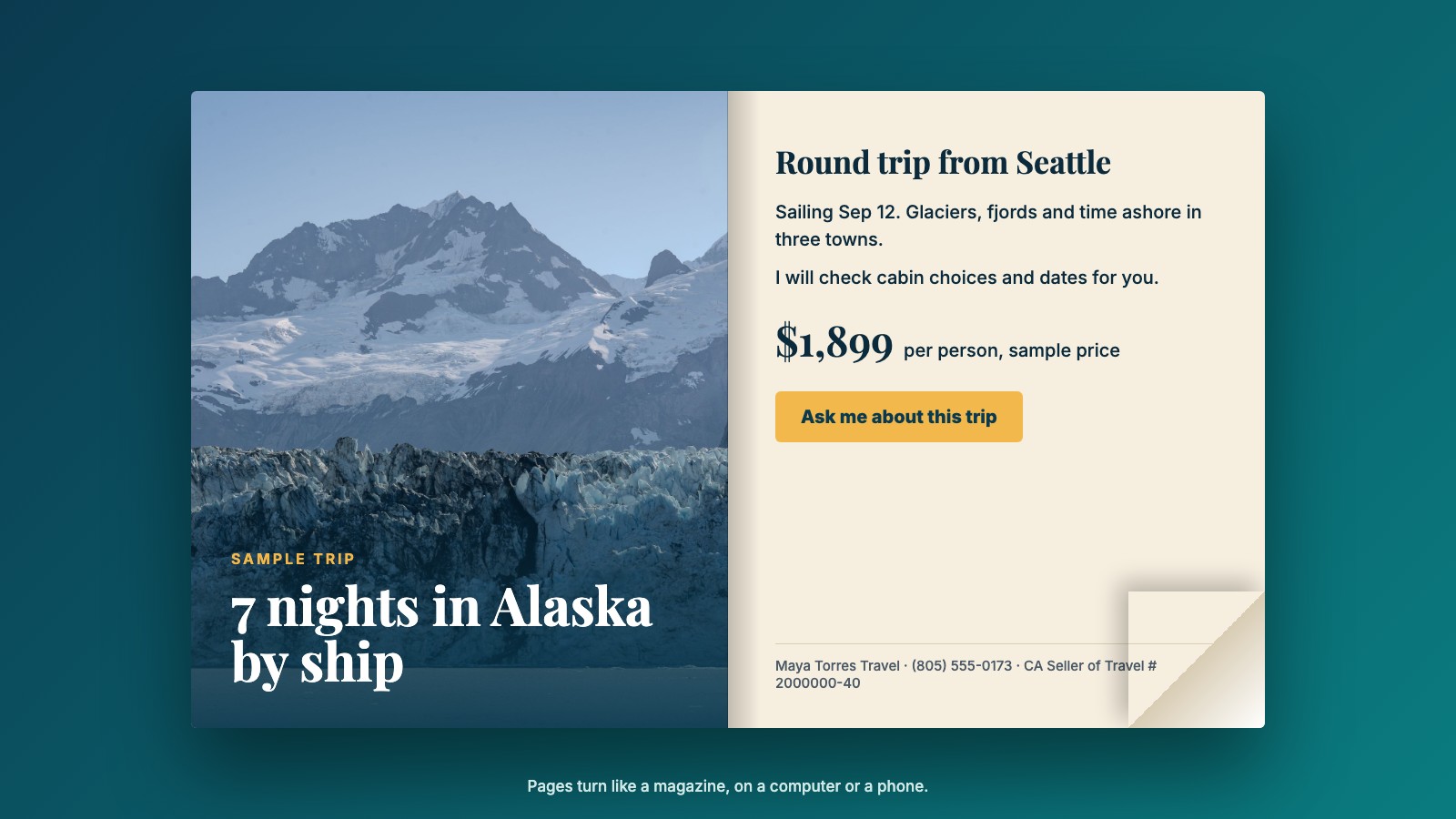 A sample eFlyer for a made-up Alaska cruise, shown as an open book