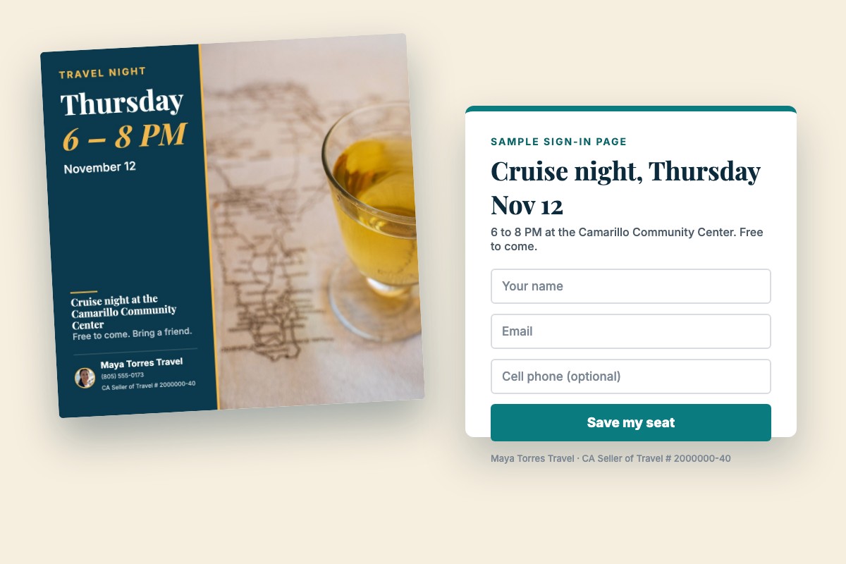 Sample travel night sign-in page and flyer